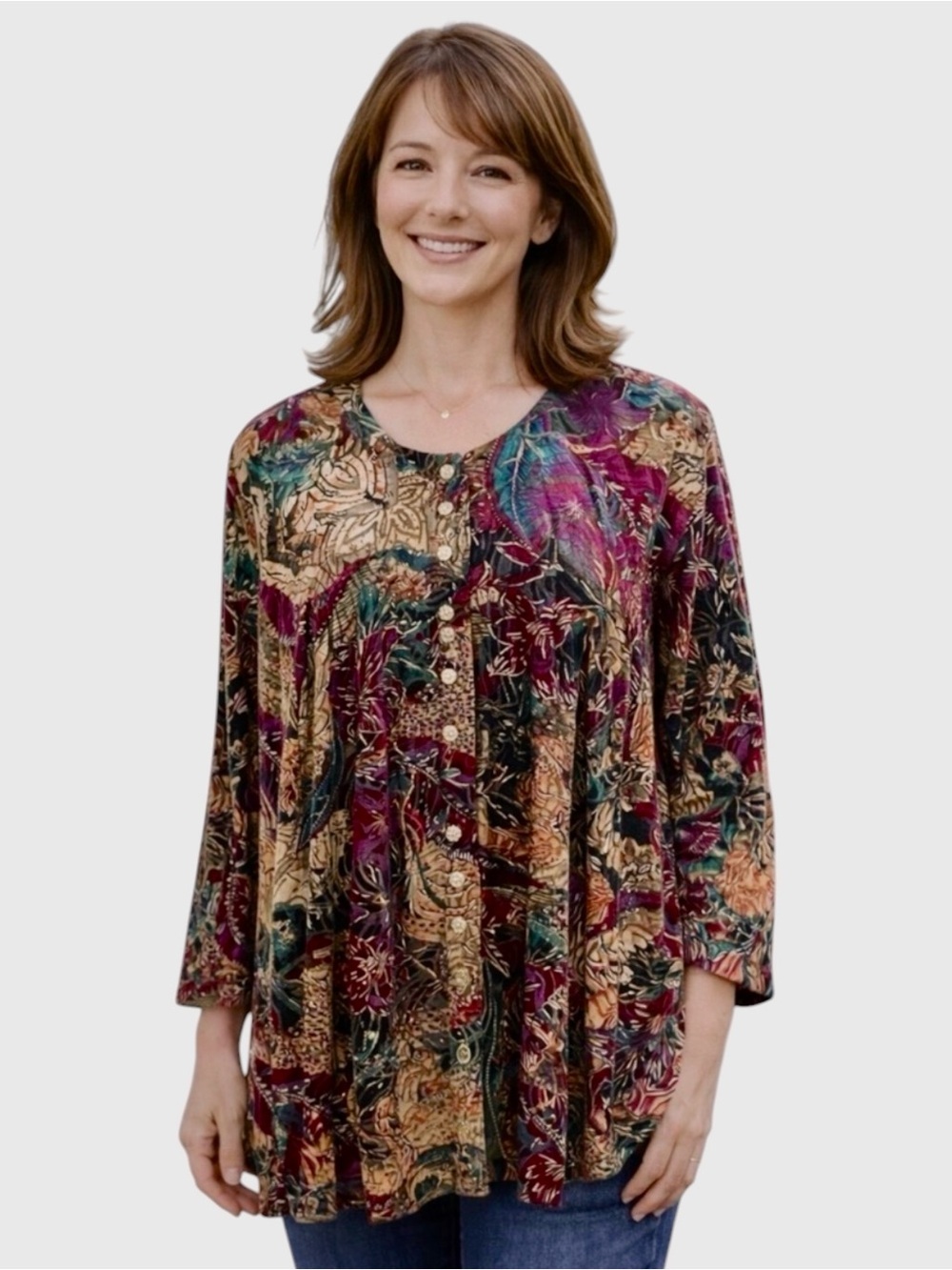 Vintage Liz Baker Velvet
Black Gold Japanese Print Button Down Long Sleeve 22W